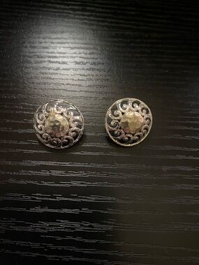 Silver-Tone Filigree Button Earrings with Hammered Center